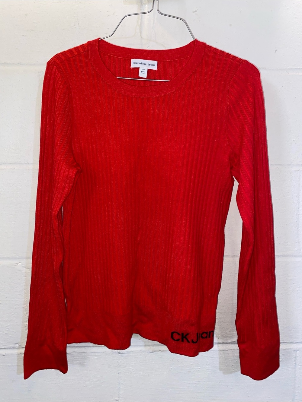 Calvin Klein Jeans Women's Red Ribbed Long-Sleeve Crew Top